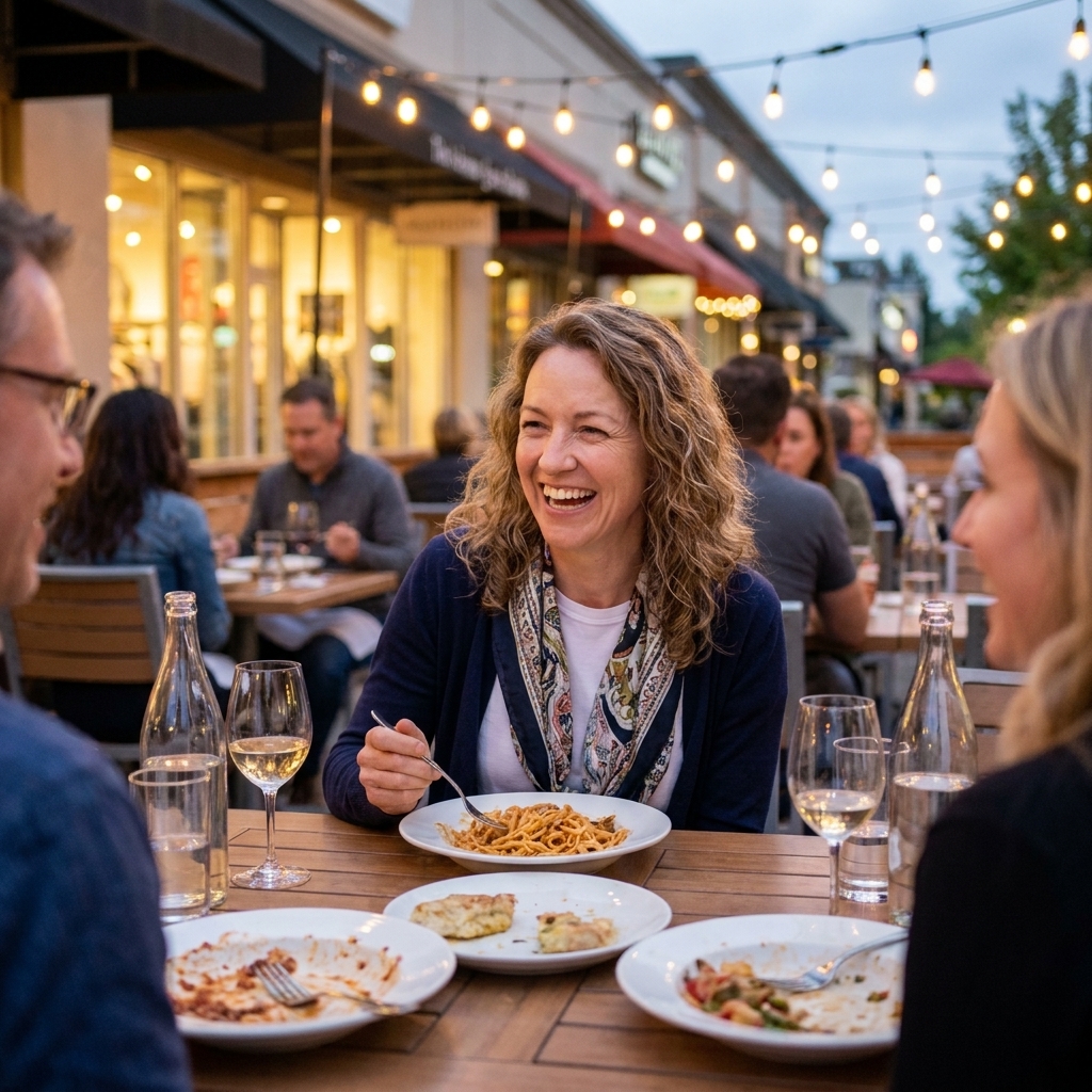 Outdoor patio seating at CityWalk with string lights, plates of food on the table, and guests enjoying an evening meal