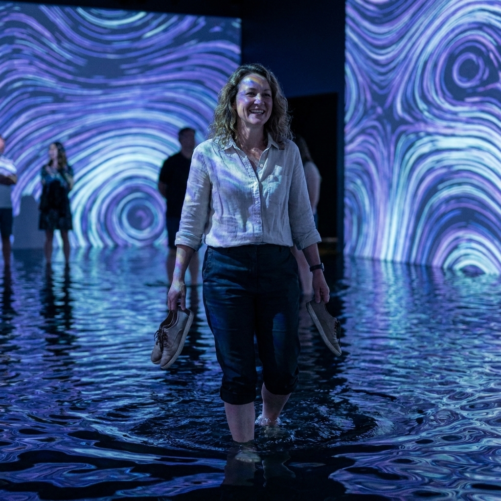 People wading through a softly lit immersive digital art room with projected patterns reflecting on the water