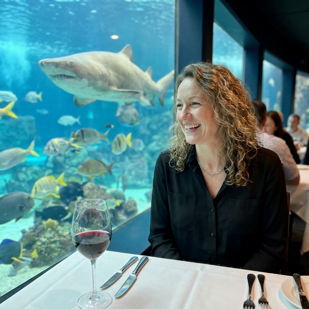 Restaurant tables set beside a large aquarium window where sharks and fish swim close to the glass