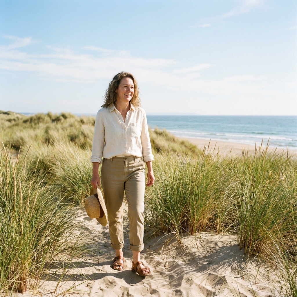 Tall sandy dunes covered in beach grass leading to a wide ocean shoreline under a bright summer sky