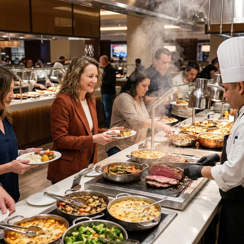 The AYCE buffet at Palms with multiple hot food stations and diners queued at the carving area