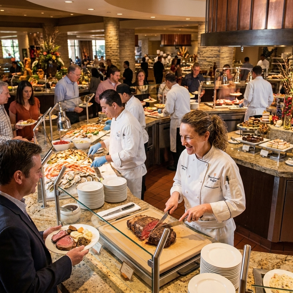 The Bacchanal Buffet at Caesars Palace with chefs serving at multiple stations and diners moving through the space