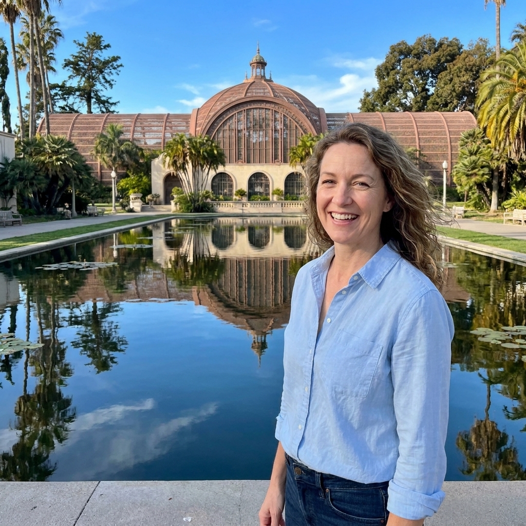 The Botanical Building in Balboa Park reflected in the lily pond with palm trees and a bright blue sky