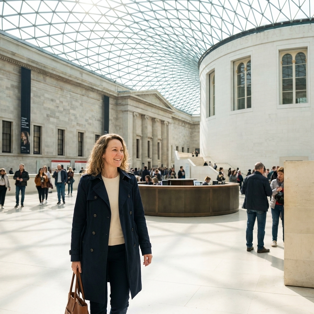 The British Museum Great Court in London with its sweeping glass roof, visitors walking across the bright open space, and the circular Reading Room at the center