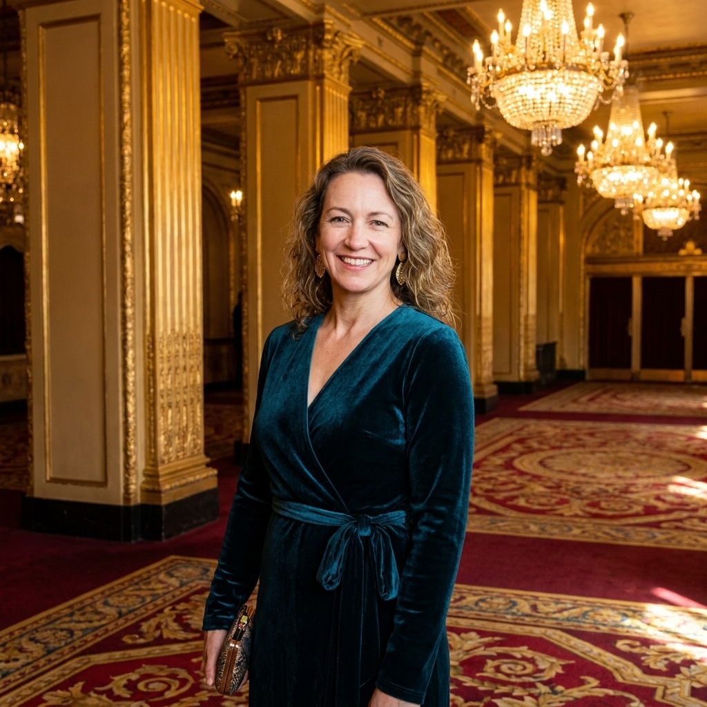 The Fabulous Fox Theatre lobby in St. Louis with gilded decor, glowing chandeliers, and richly patterned carpets