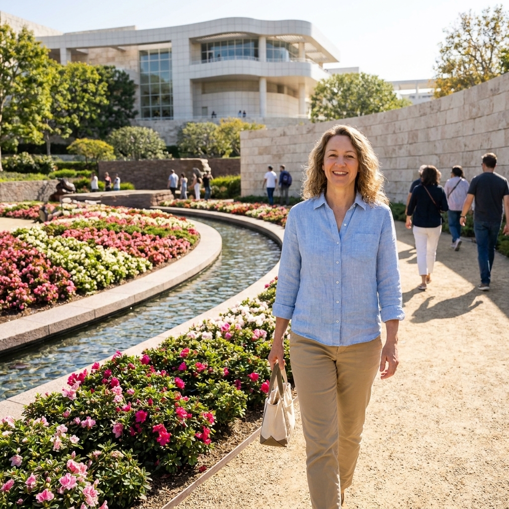 The Getty Center Central Garden in Los Angeles, featuring a curved stream, patterned plant beds, and visitors walking along pathways on a sunny day