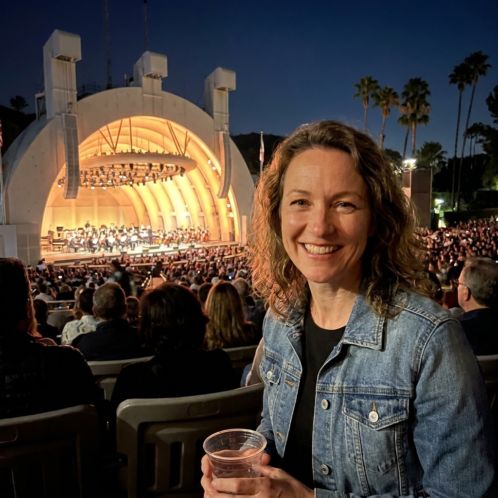 The Hollywood Bowl amphitheater at night with the illuminated shell on stage, a full audience seated outdoors, and palm trees surrounding the venue
