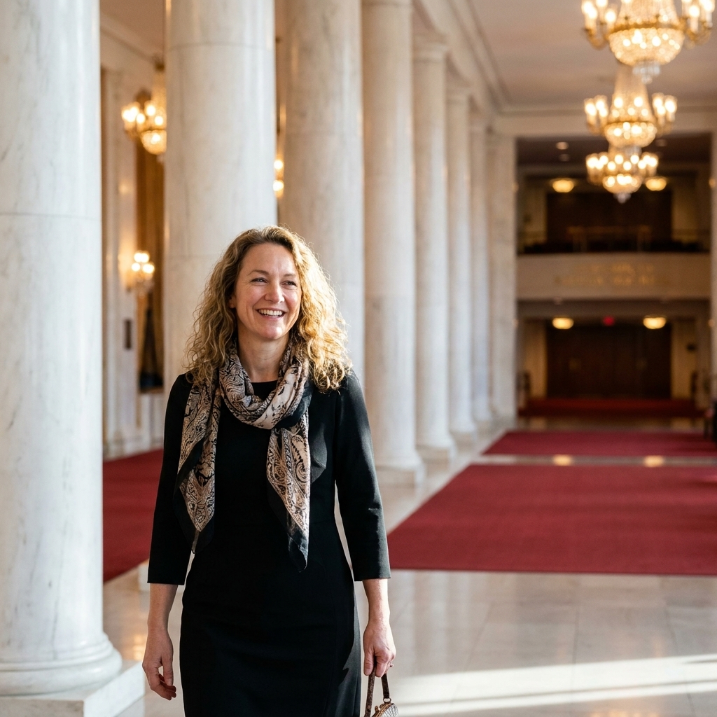 The Kennedy Center interior in Washington, DC with tall white columns, warm lighting, and a wide corridor leading toward performance halls