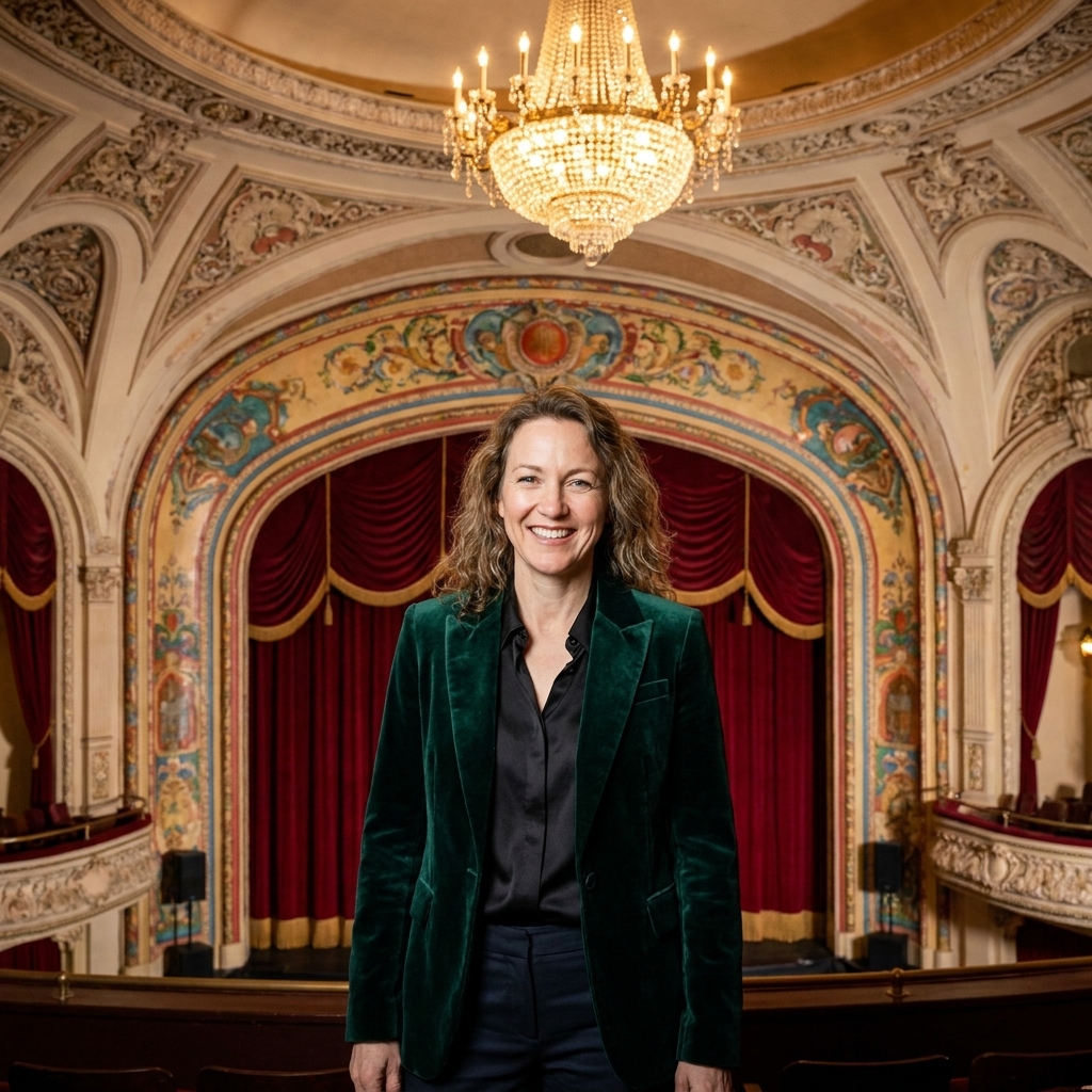 The Majestic Theatre interior in San Antonio with ornate plasterwork, a glowing chandelier, and a colorful proscenium arch