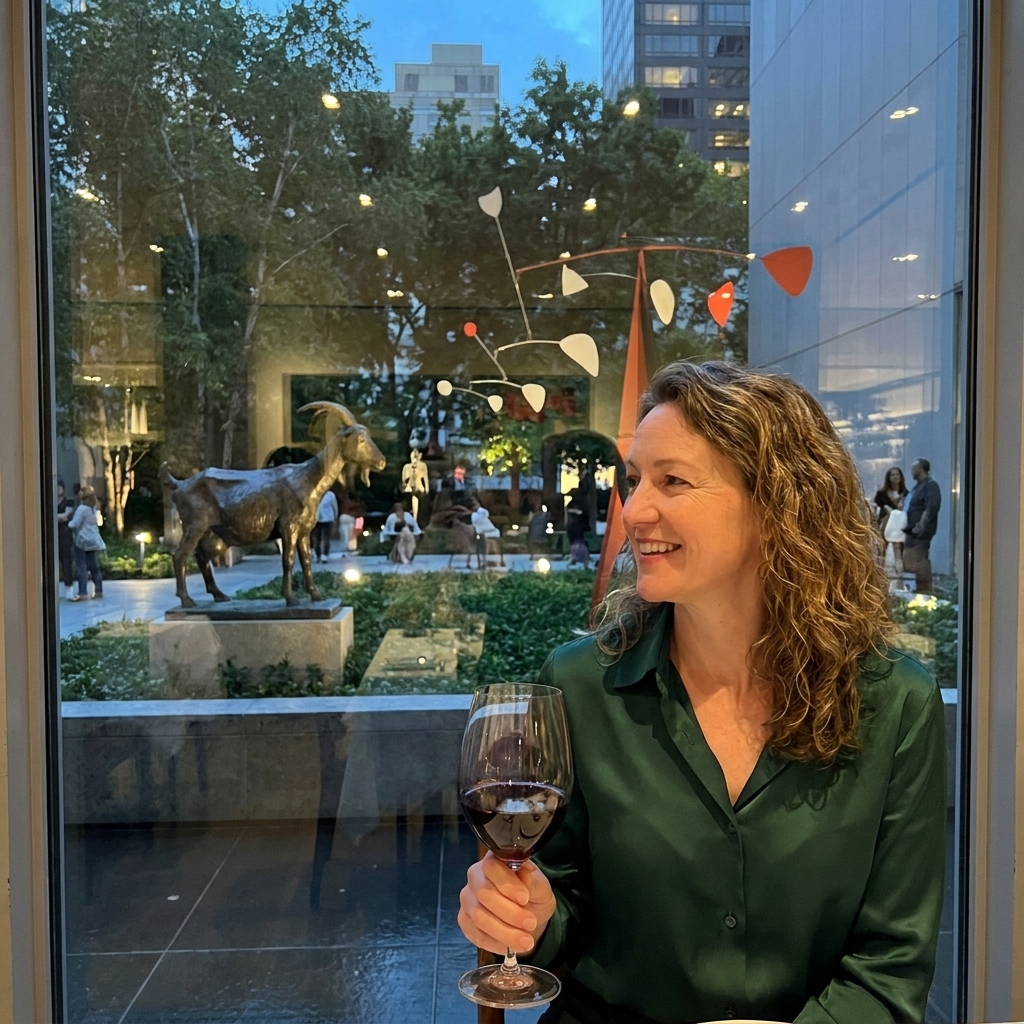 The Museum of Modern Art sculpture garden in New York City seen through restaurant windows, with greenery, sculptures, and evening light