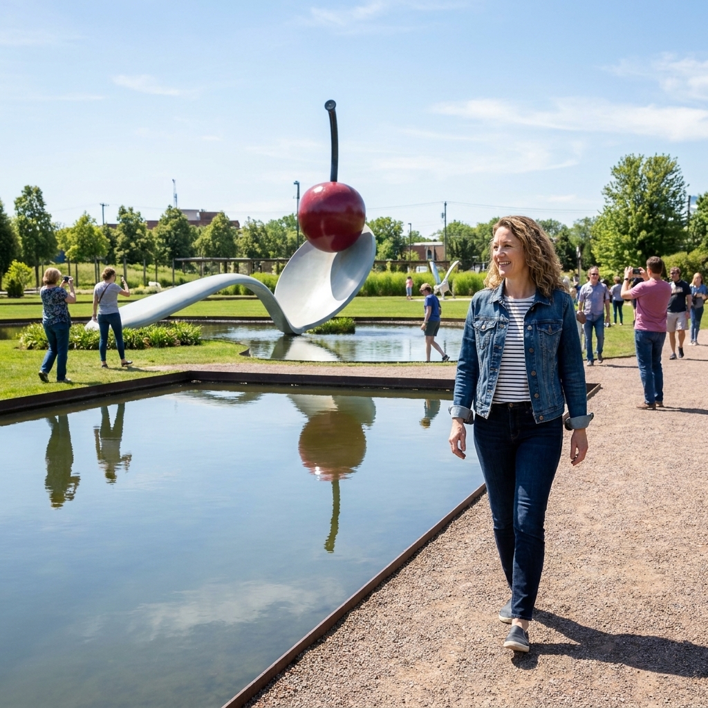 The Spoonbridge and Cherry sculpture in Minneapolis with a reflecting pond in the foreground and visitors walking nearby in bright daylight