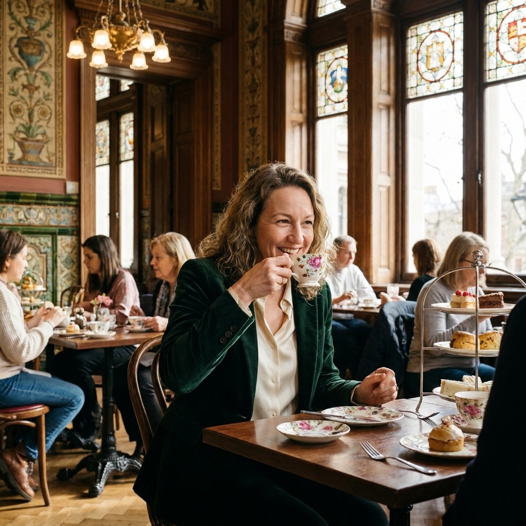 The V&A Café at the Victoria and Albert Museum in London, with ornate historic decor, chandeliers, and visitors enjoying tea and pastries at small tables