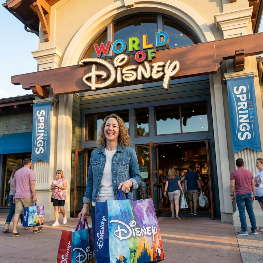The World of Disney store entrance at Disney Springs with bright signage and guests entering with shopping bags