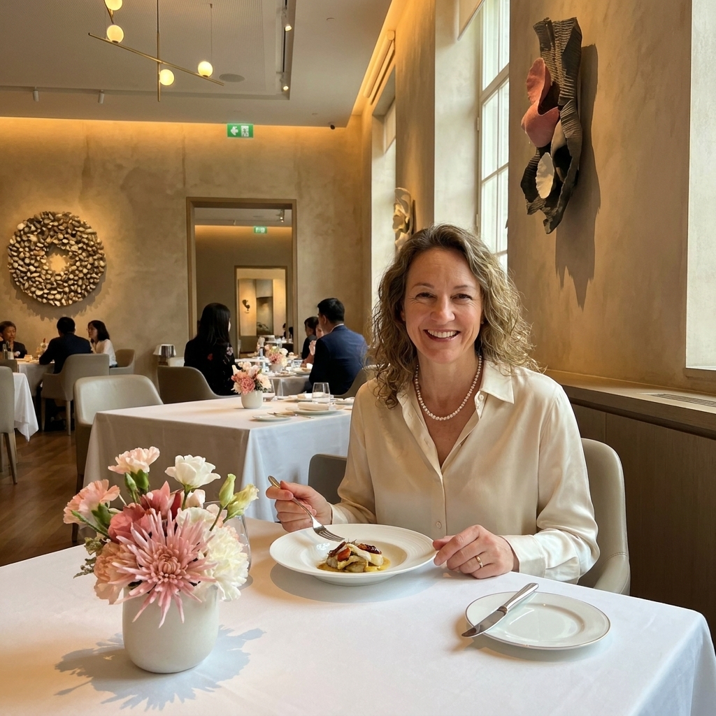The dining room at Odette in the National Gallery Singapore, with elegant tables, warm lighting, and modern floral arrangements in a refined setting