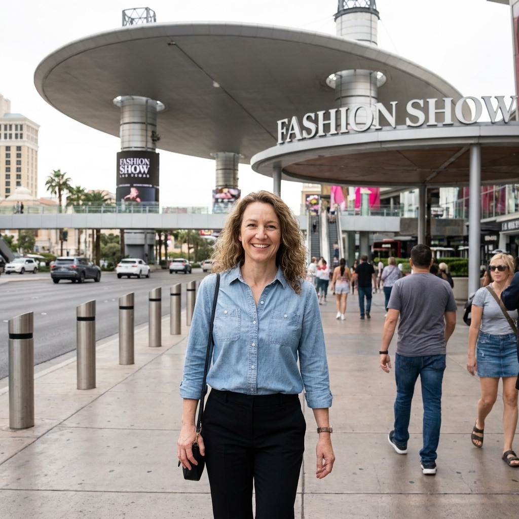 The exterior of Fashion Show Las Vegas on the Strip with its distinctive curved canopy and pedestrians entering the mall
