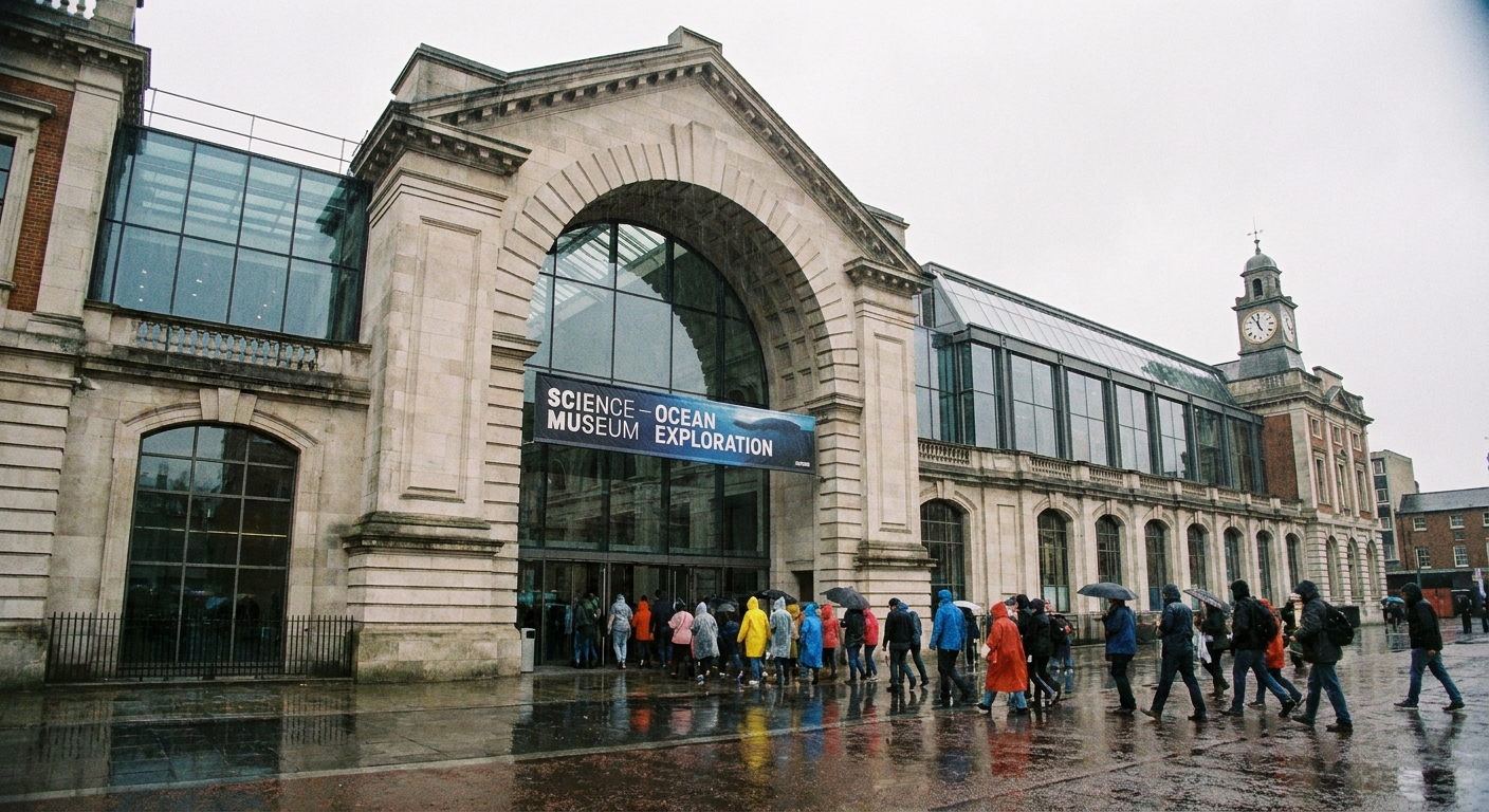 The grand entrance of a large science museum with visitors walking in on a rainy day