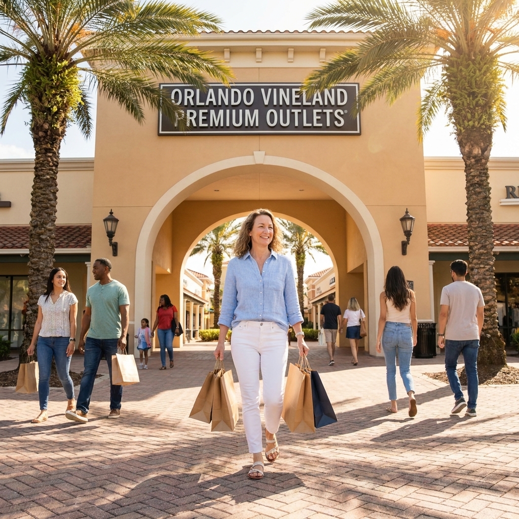 The main entrance area at Orlando Vineland Premium Outlets with palm trees, shoppers entering, and bright Florida sunlight