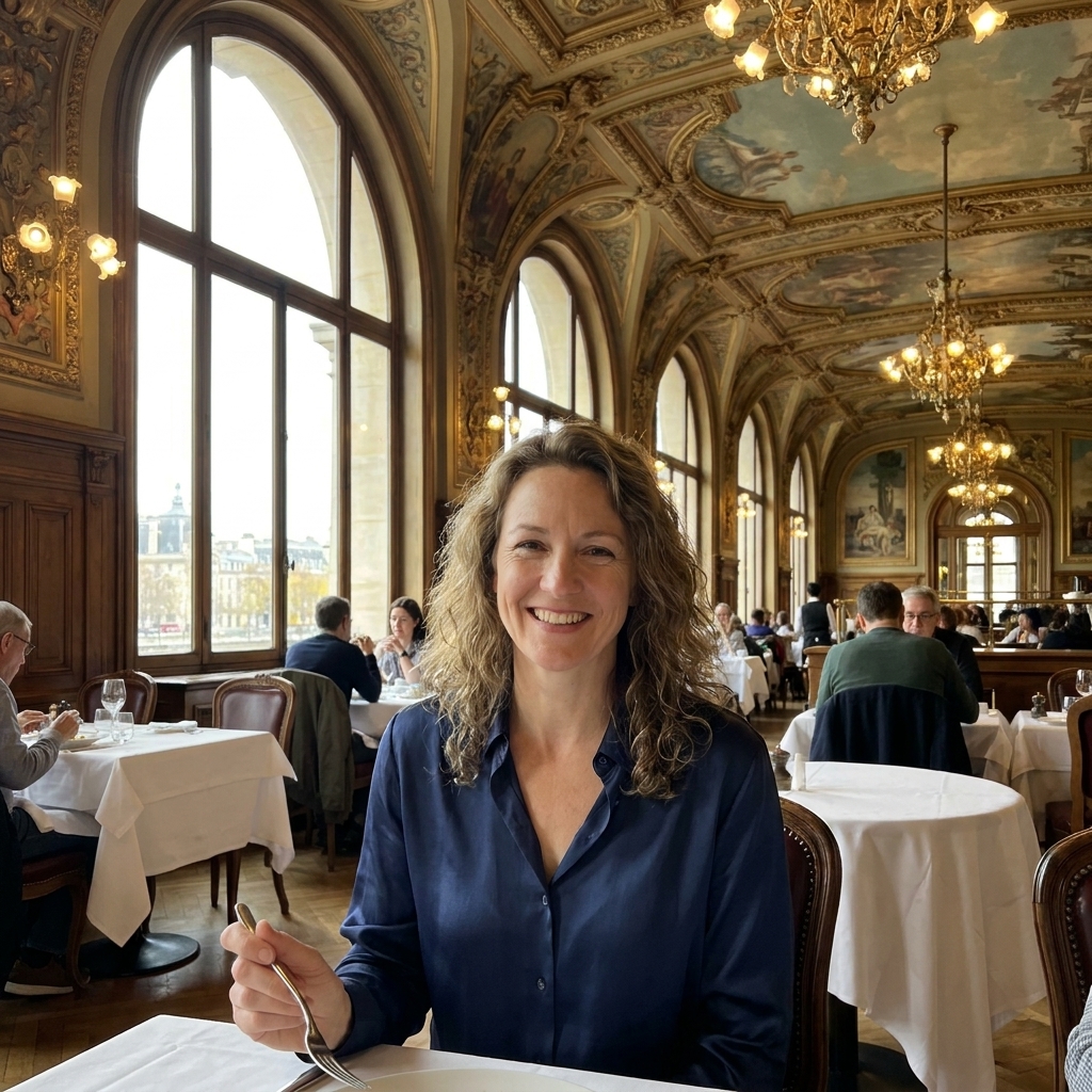 The ornate dining room inside the Musée d'Orsay in Paris, featuring tall windows, decorative ceiling details, and white tablecloth tables arranged in a grand historic space