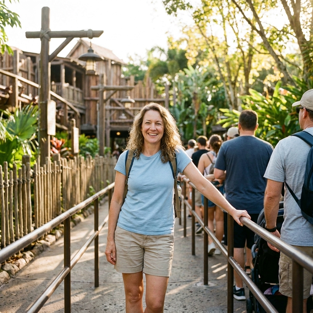 Theme park guests standing in a winding outdoor standby queue beside ride theming and safety rails on a bright afternoon