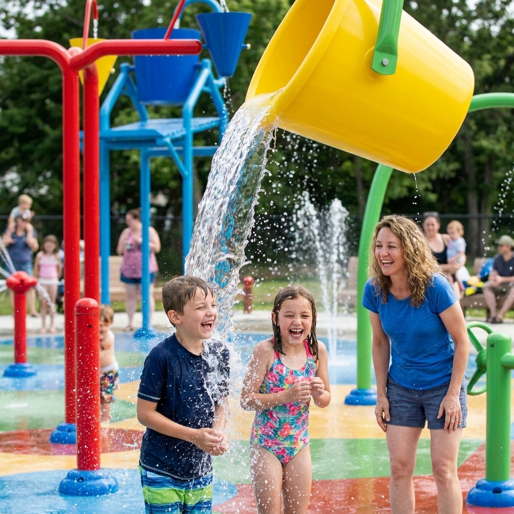Two kids playing under tipping bucket water features at a colorful splash pad area in a water park