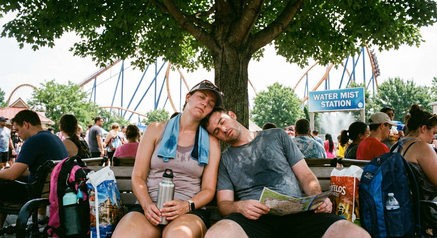 Two theme park guests resting in the shade while one uses a cooling towel around their neck and holds a water bottle