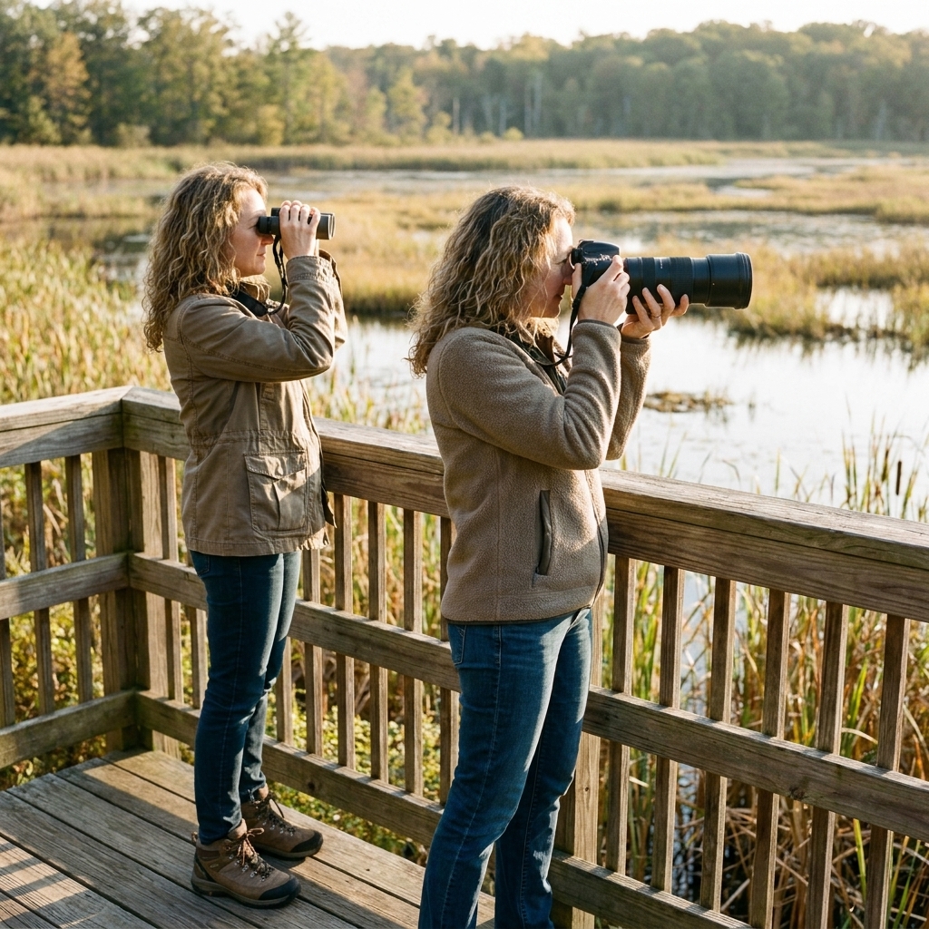 Two visitors standing quietly on a wooden observation platform overlooking a wetland, one using binoculars and the other holding a camera with a zoom lens