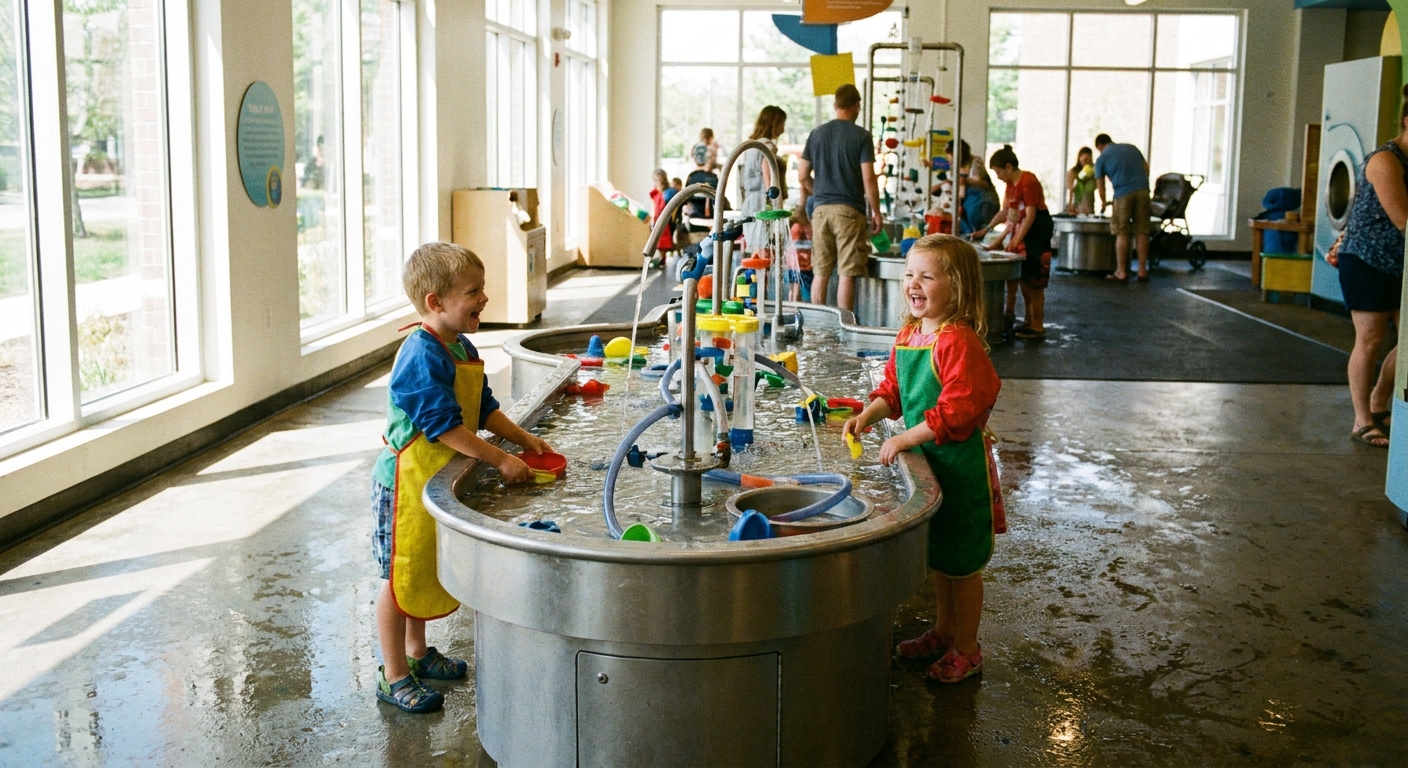 Two young children playing at a hands-on water table exhibit inside a bright children’s museum
