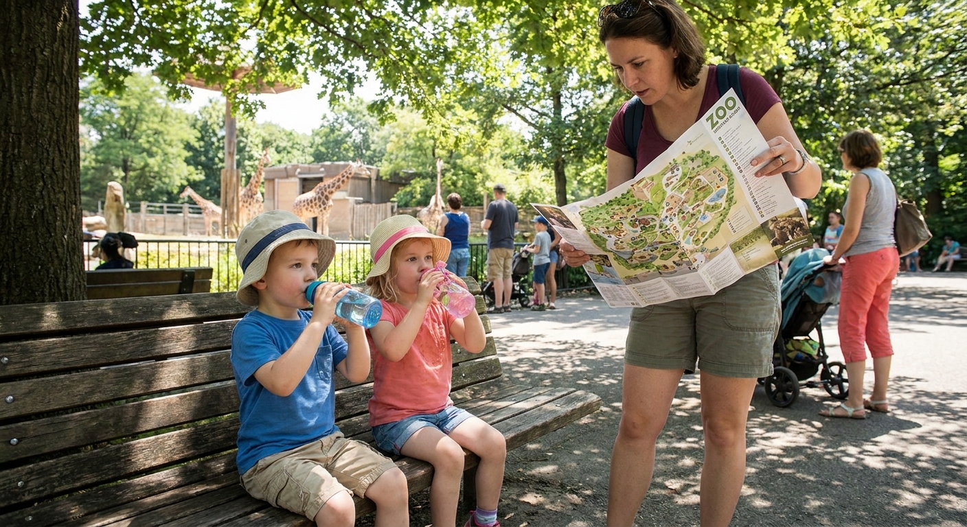 Two young children sit on a shaded bench at a zoo drinking water while a parent checks a paper map nearby.