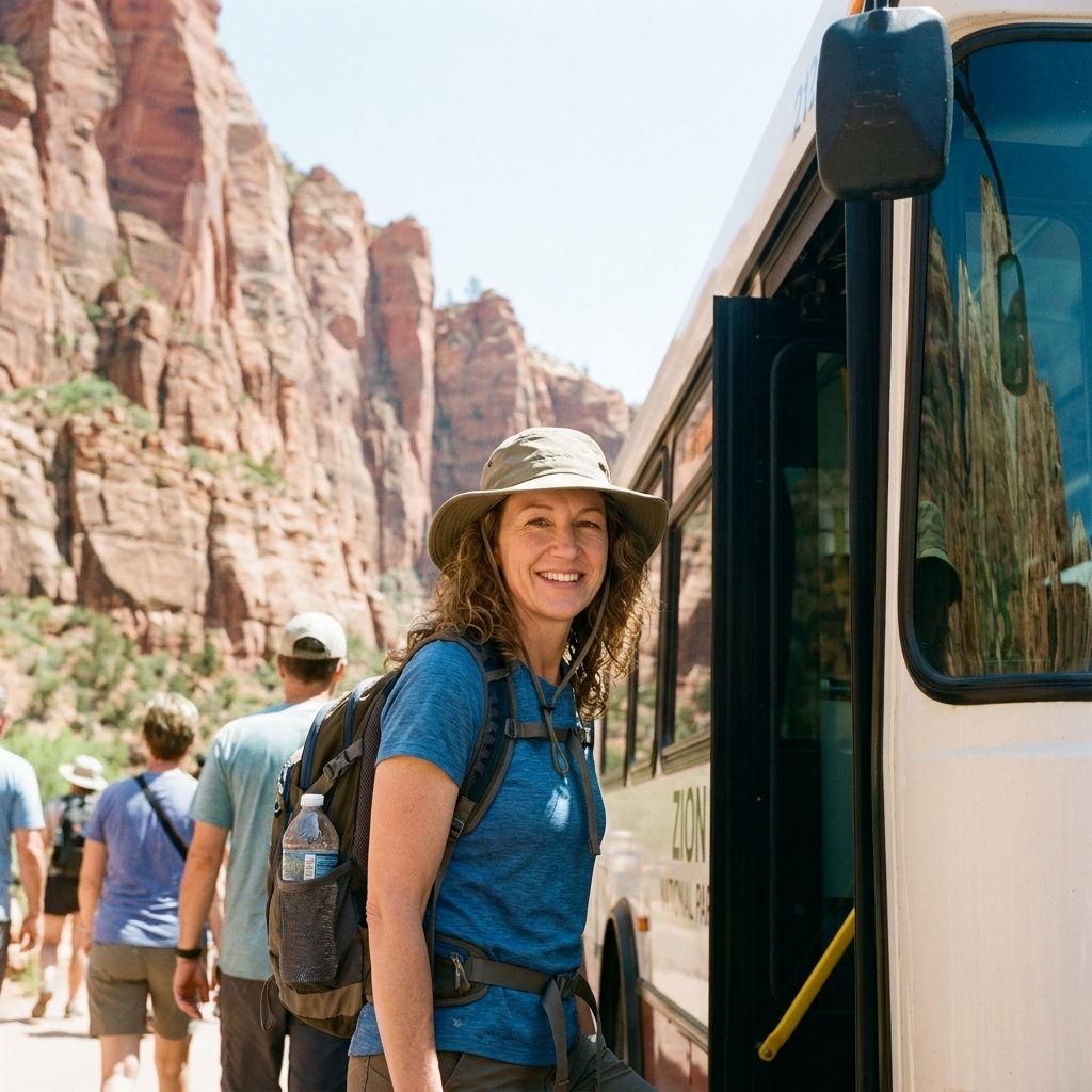 Visitors boarding a shuttle bus at Zion National Park with red rock cliffs behind them on a bright day