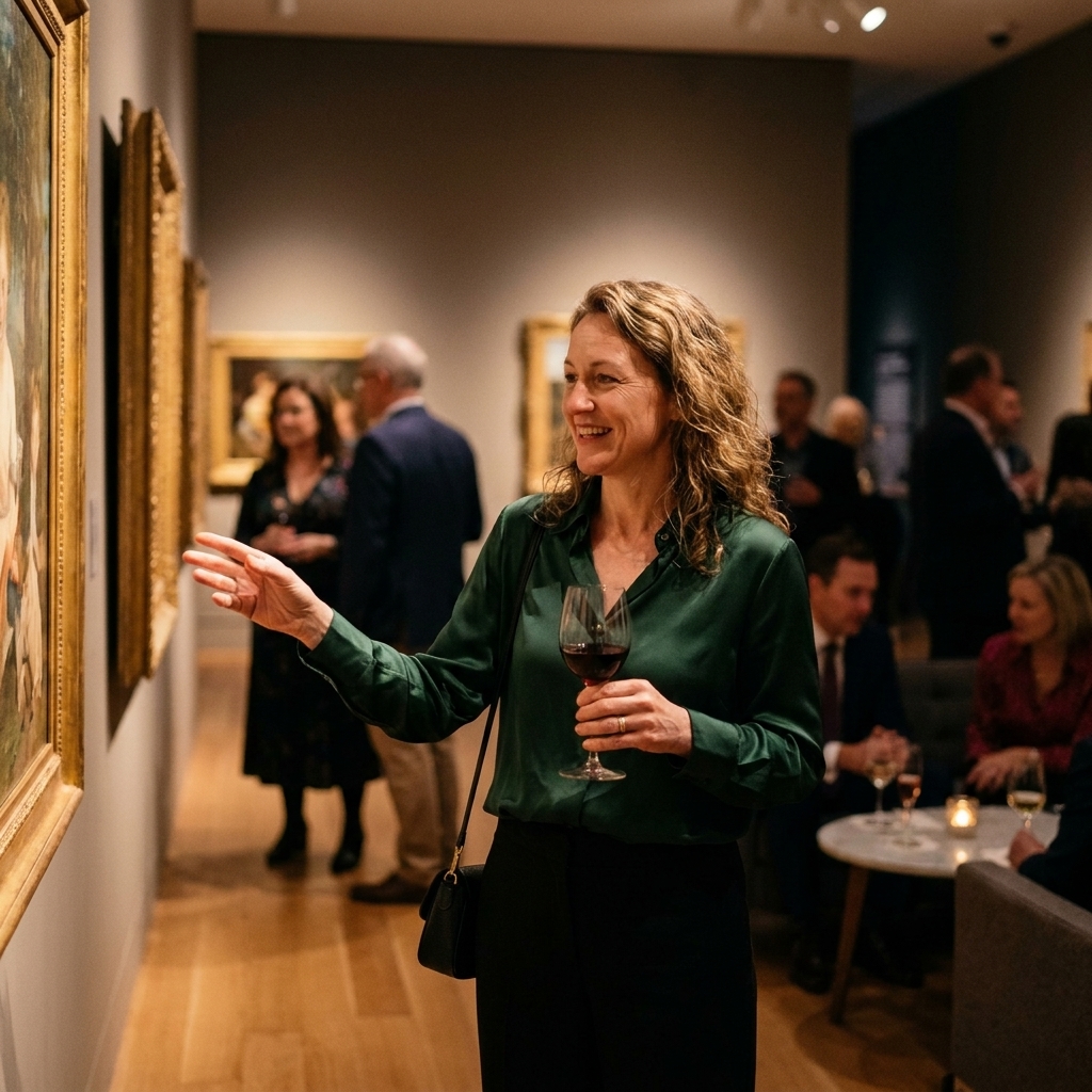 Visitors exploring museum galleries during evening hours with soft lighting on artwork and a lounge area serving drinks