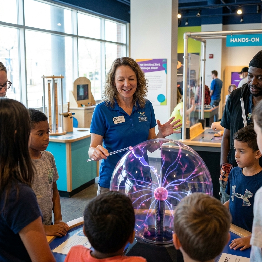 Visitors gathered around a hands-on science exhibit at an interactive museum, with a staff facilitator demonstrating a concept to a small crowd