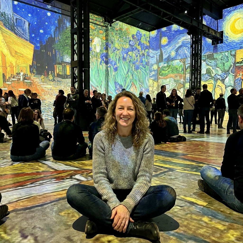 Visitors sitting on the floor in a large industrial hall while vibrant projected paintings cover the walls and ground at Atelier des Lumières
