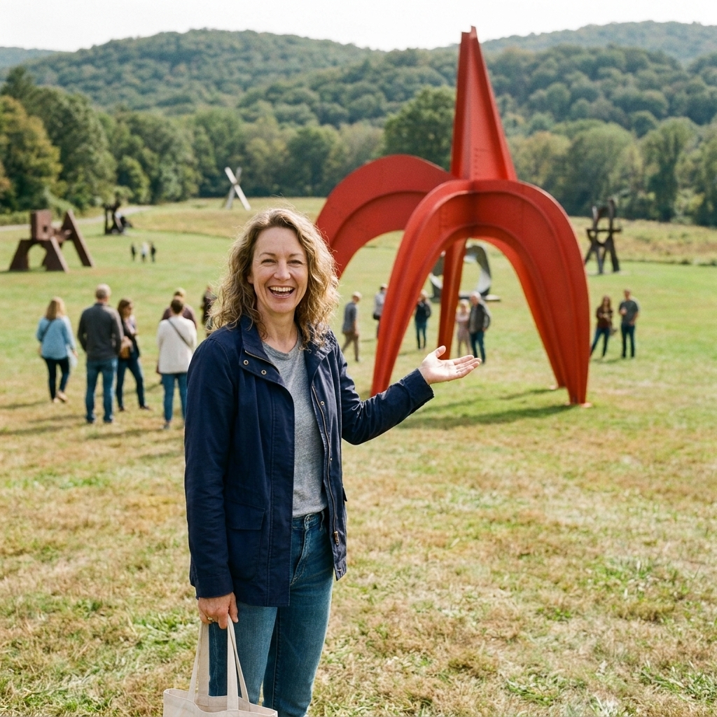 Visitors standing in a large open meadow at Storm King Art Center with oversized abstract sculptures spaced across the landscape and wooded hills in the distance