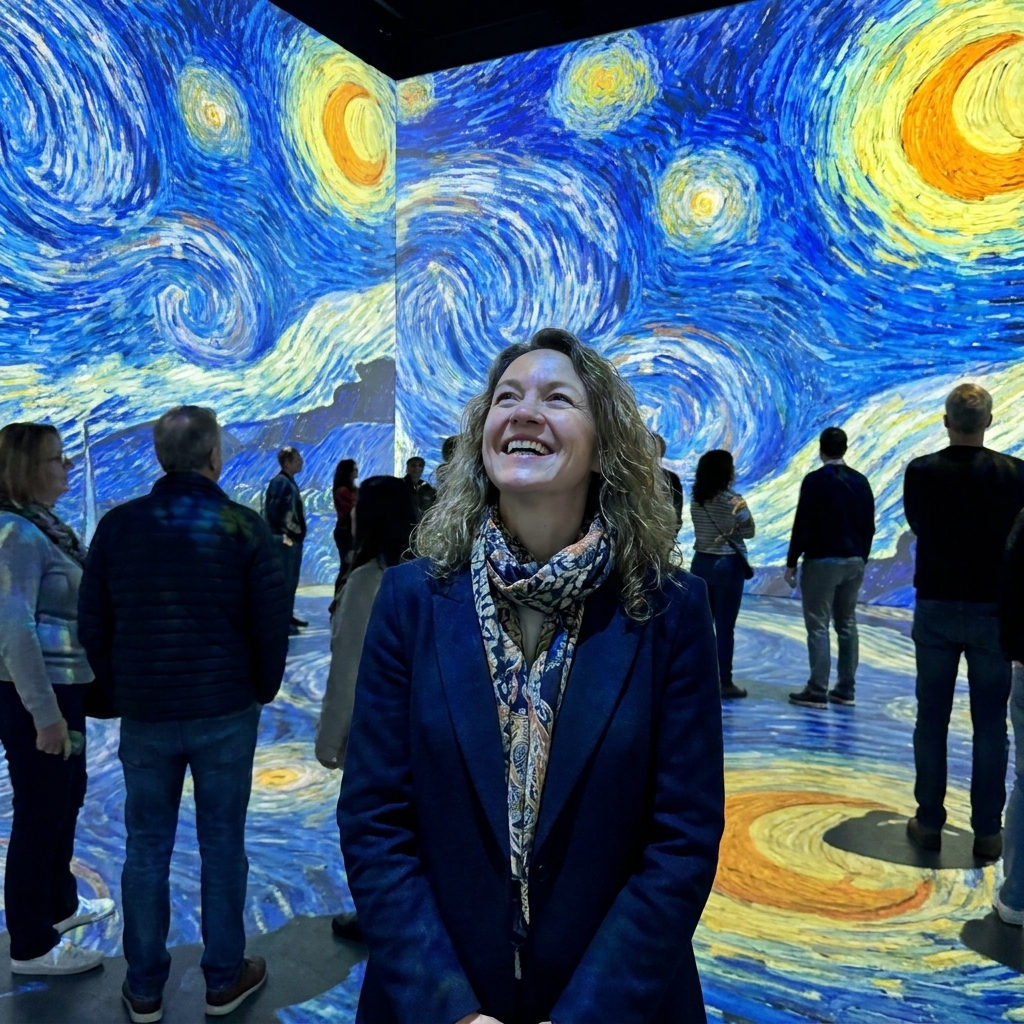 Visitors standing in a large room where classic paintings are projected floor-to-ceiling with dramatic color and movement at Frameless in London