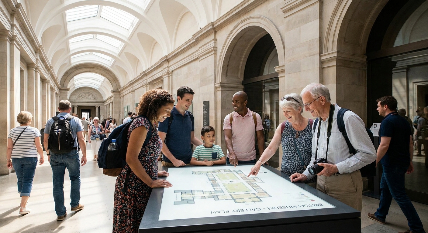 Visitors standing near a museum map display, pointing and planning their route in a bright corridor with high ceilings