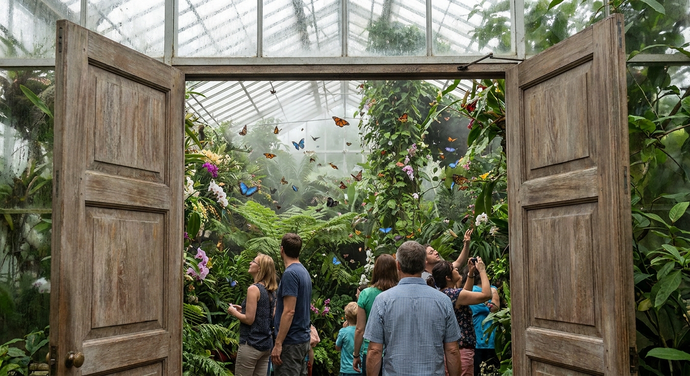 Visitors stepping through a double-door entry into a humid butterfly conservatory with lush greenery just beyond the doors