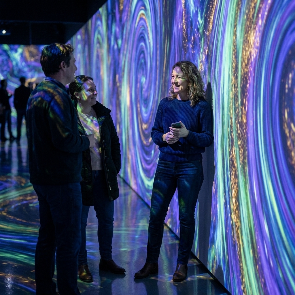 Visitors waiting briefly inside an immersive art venue while colorful projected light covers the walls and floor