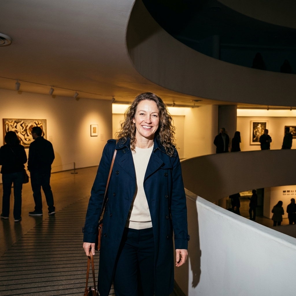 Visitors walking along the ramps of a spiral museum interior during evening hours with gallery lighting