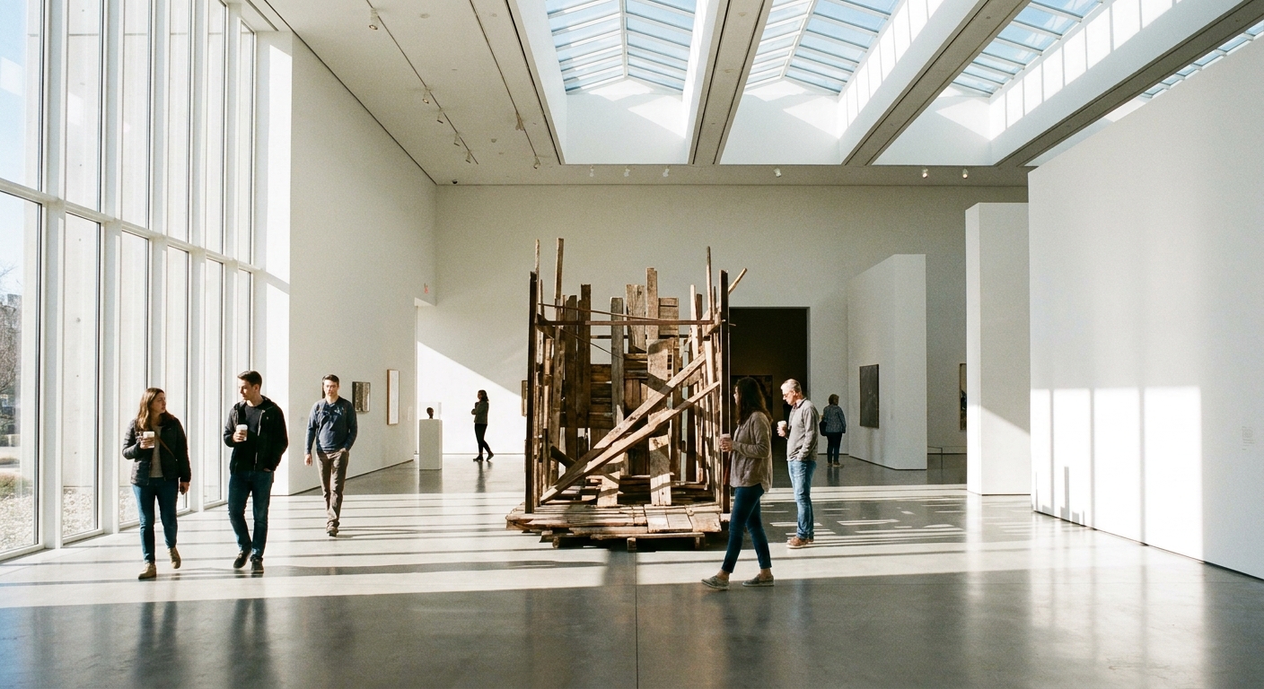 Visitors walking through a bright museum gallery in the morning with wide open space and a few people viewing a featured exhibit.