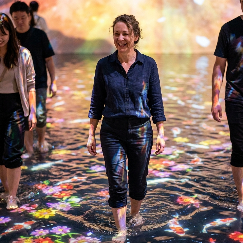 Visitors walking through a shallow water installation with rippling light projections at teamLab Planets