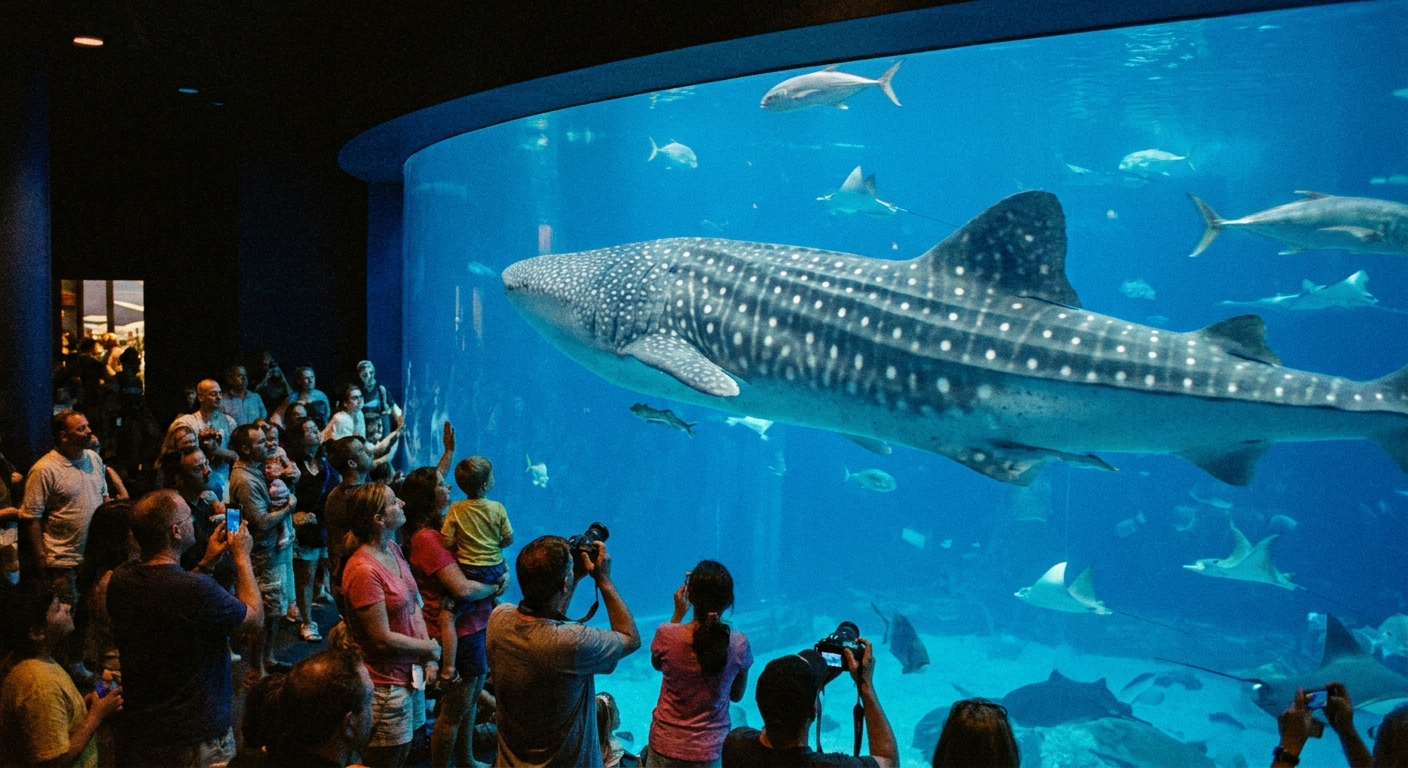Visitors watching a massive whale shark glide past a large aquarium viewing window with blue water filling the scene